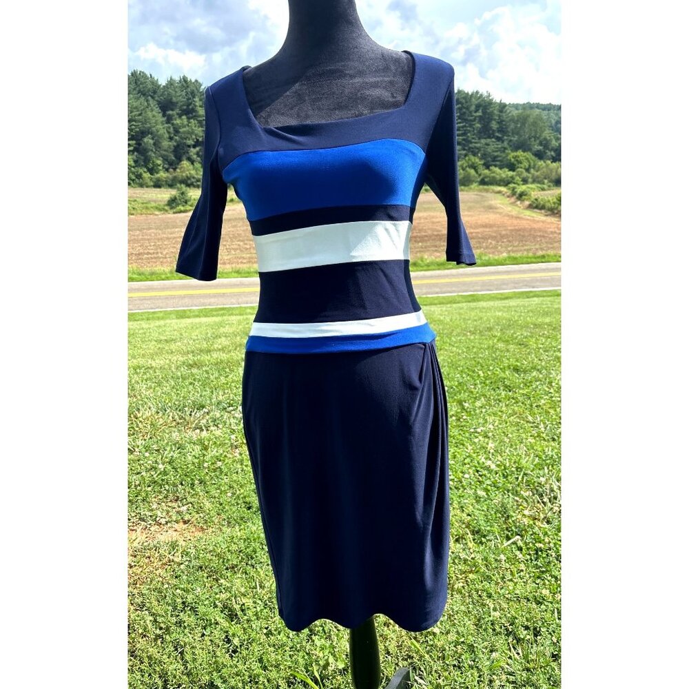 Lauren Ralph Lauren Womens Navy Blue Midi Dress Sz 6 Scoop Neck 3/4 Sleeves